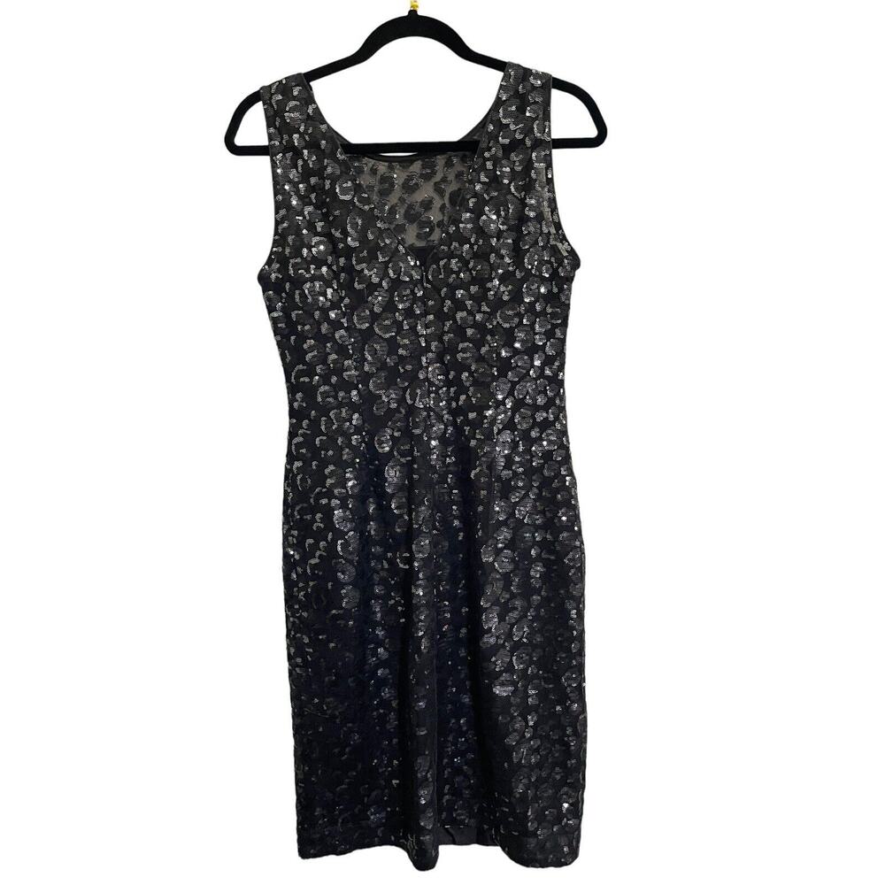 NWOT CALVIN KLEIN 6 Leopard Black Silver Sheath Sequin Dress VNeck NEW #7126 - Picture 5 of 13
